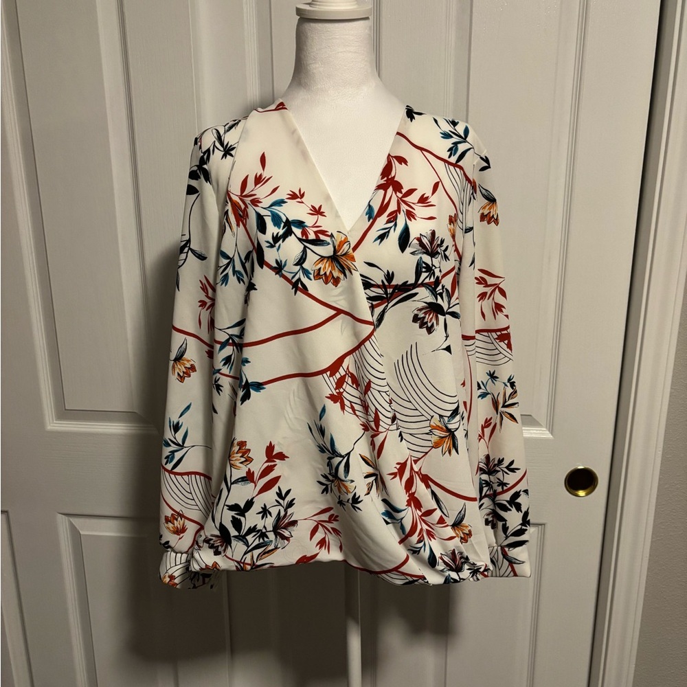 Alfani Floral Wrap Blouse - White and Red